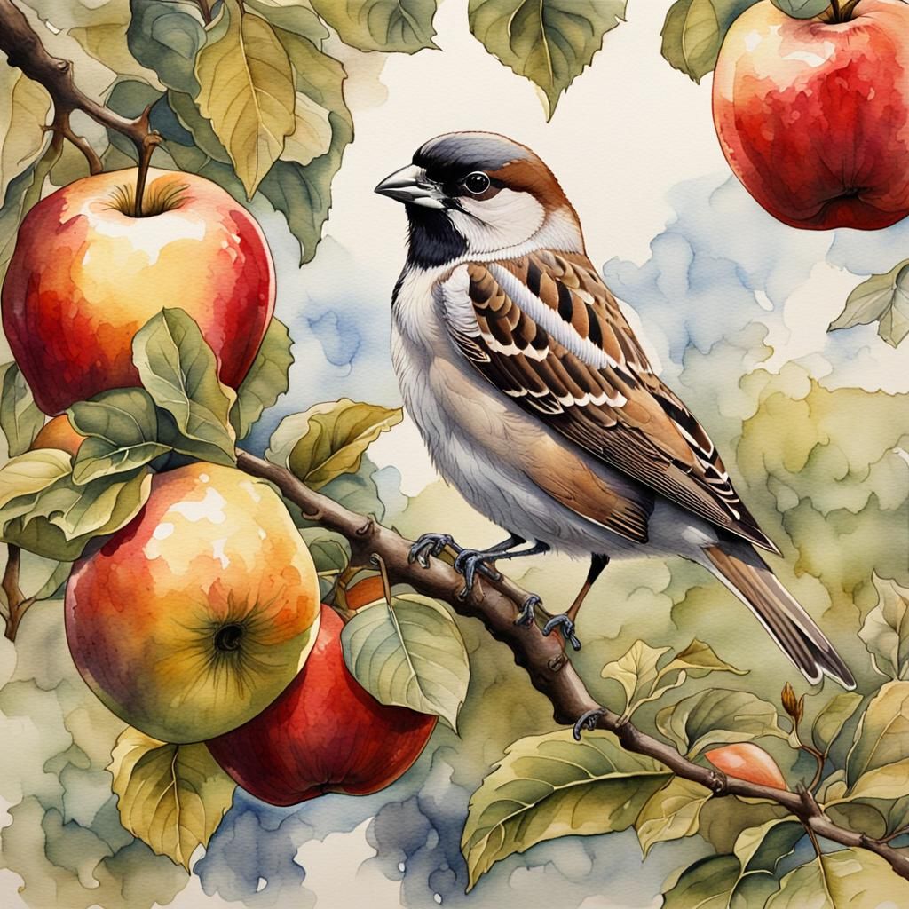 House Sparrow in Apple Tree: Watercolor Masterpiece