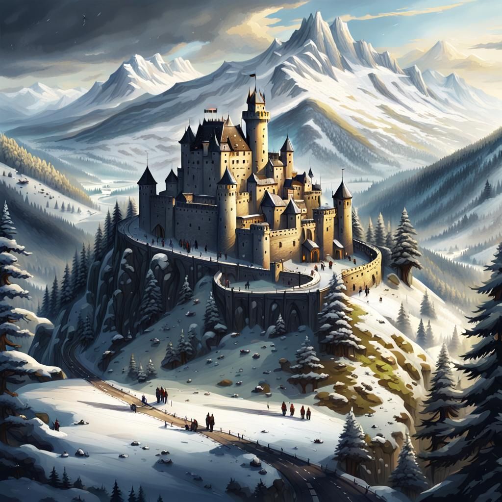Medieval Mountain Castle with Army, Concept Art