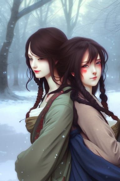 Anime Ladies in Love in Snowy Portrait