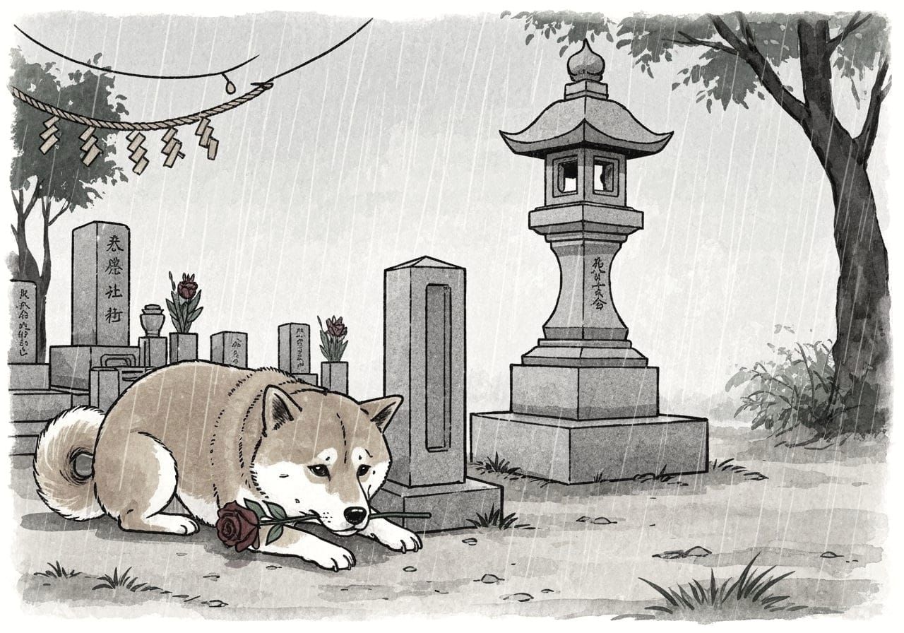 Sad Shiba Inu at Master's Grave in Rain