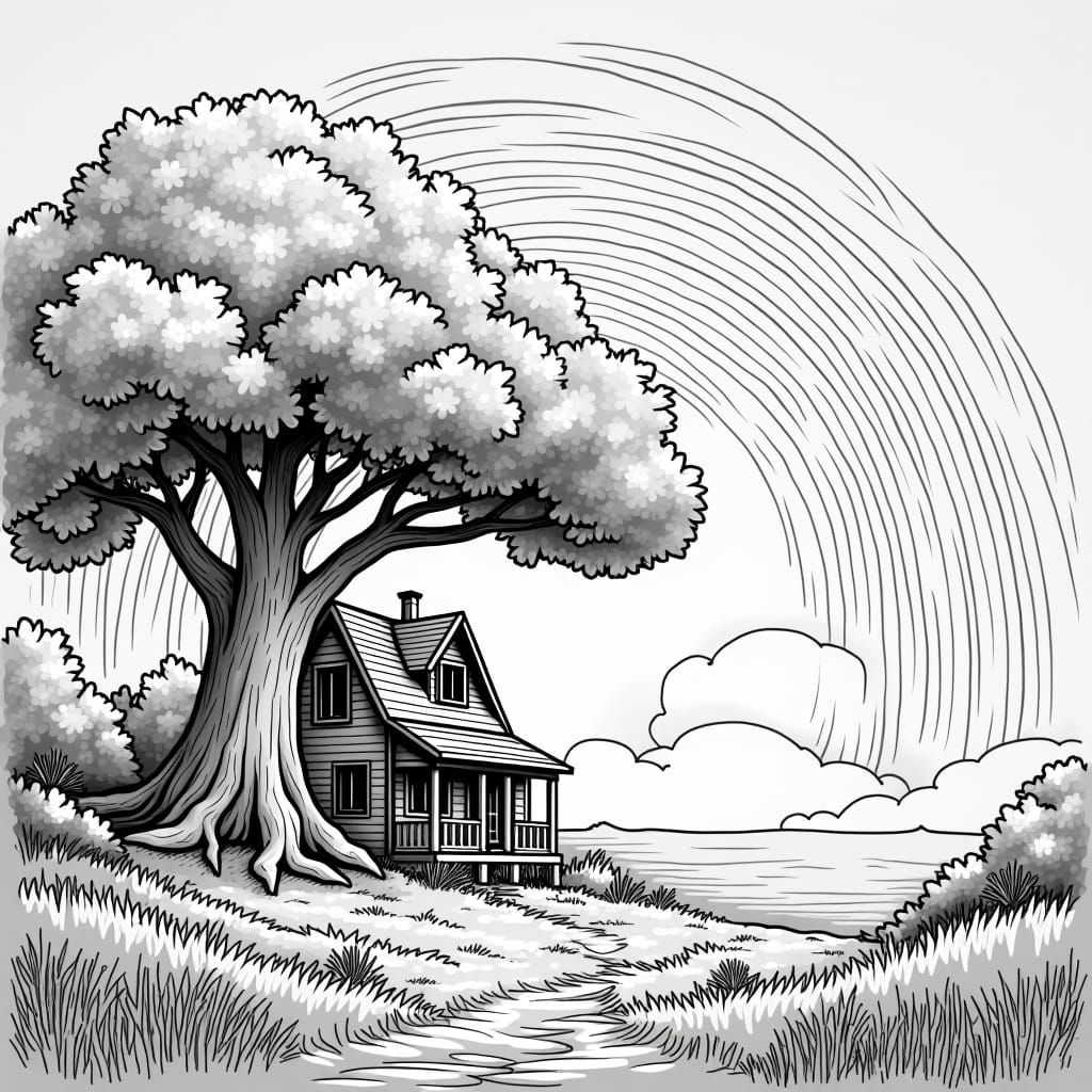 House and Rainbow Coloring Page in Fantasy Art Style