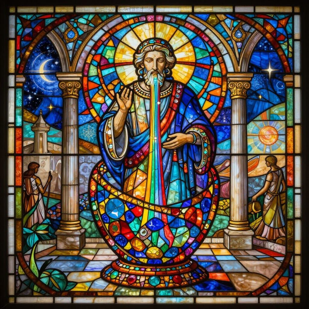 Luminous Philosopher's Stone in Art Nouveau Stained Glass St...