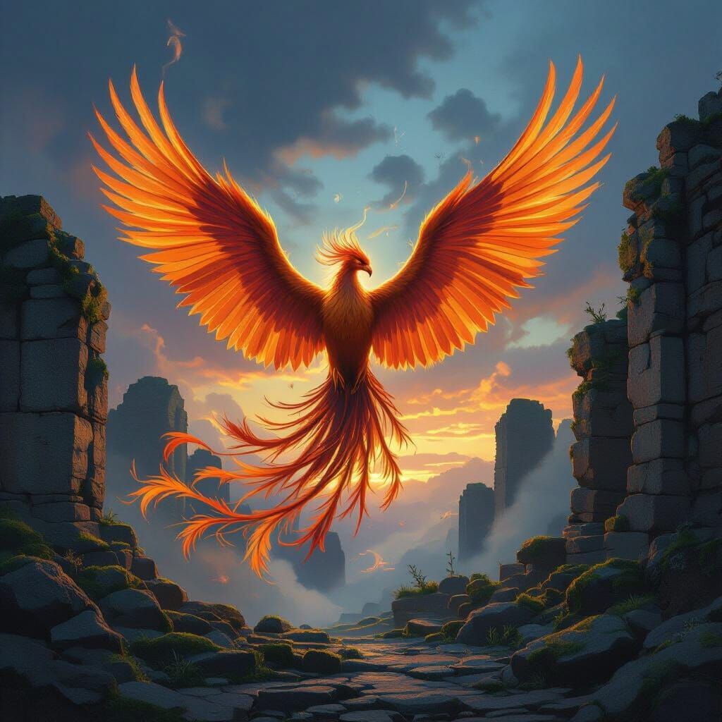 Majestic Phoenix Rises From Ancient Ruins in Twilight Glow
