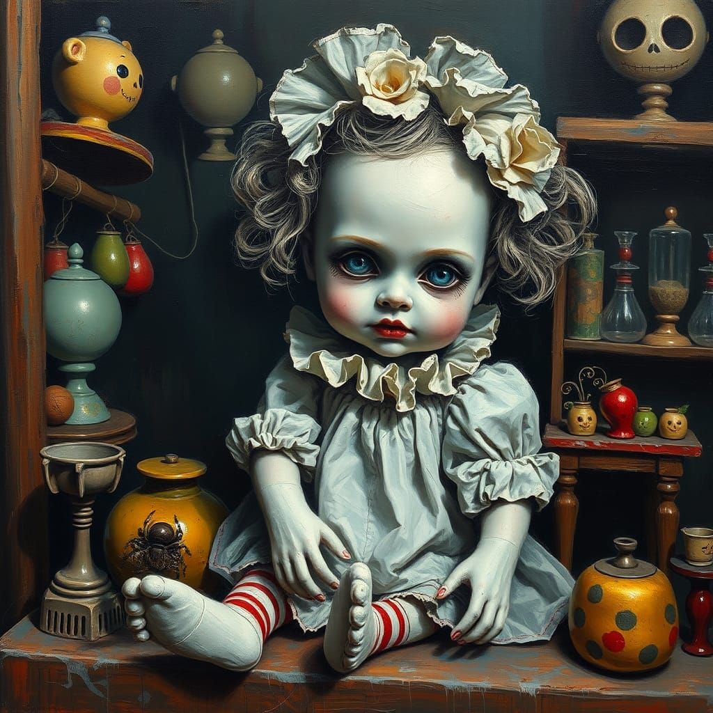 Cursed Porcelain Doll in Toy Shop, Expressionist Style