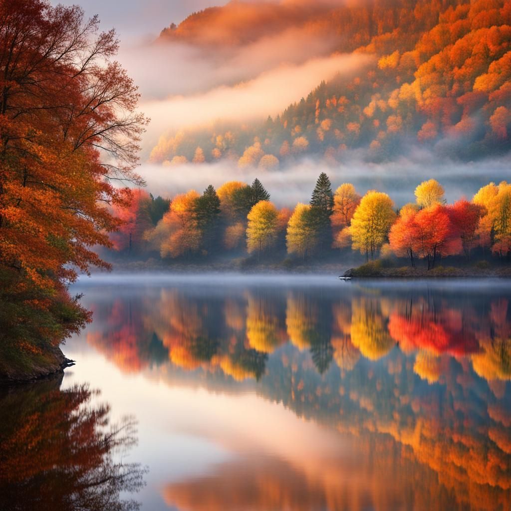 Misty Lake Reflects Autumn Colors at Sunrise