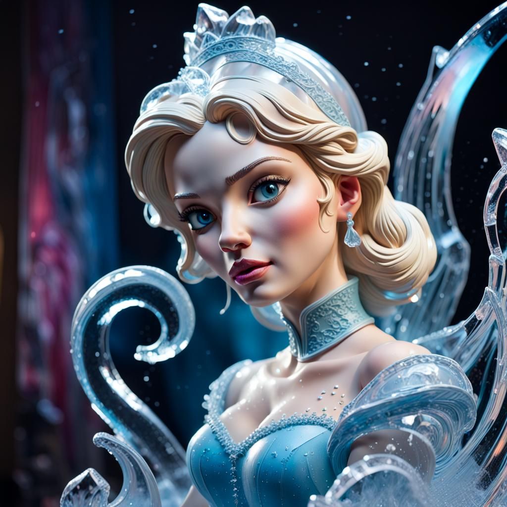 Hyperrealistic Cinderella Ice Sculpture in Splash Art Style