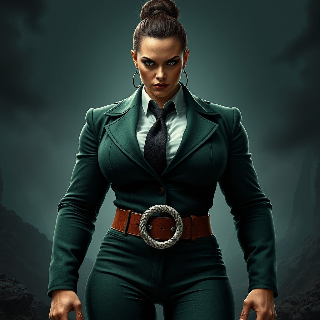 Imposing Woman in Green Pantsuit, Dystopian Concept Art