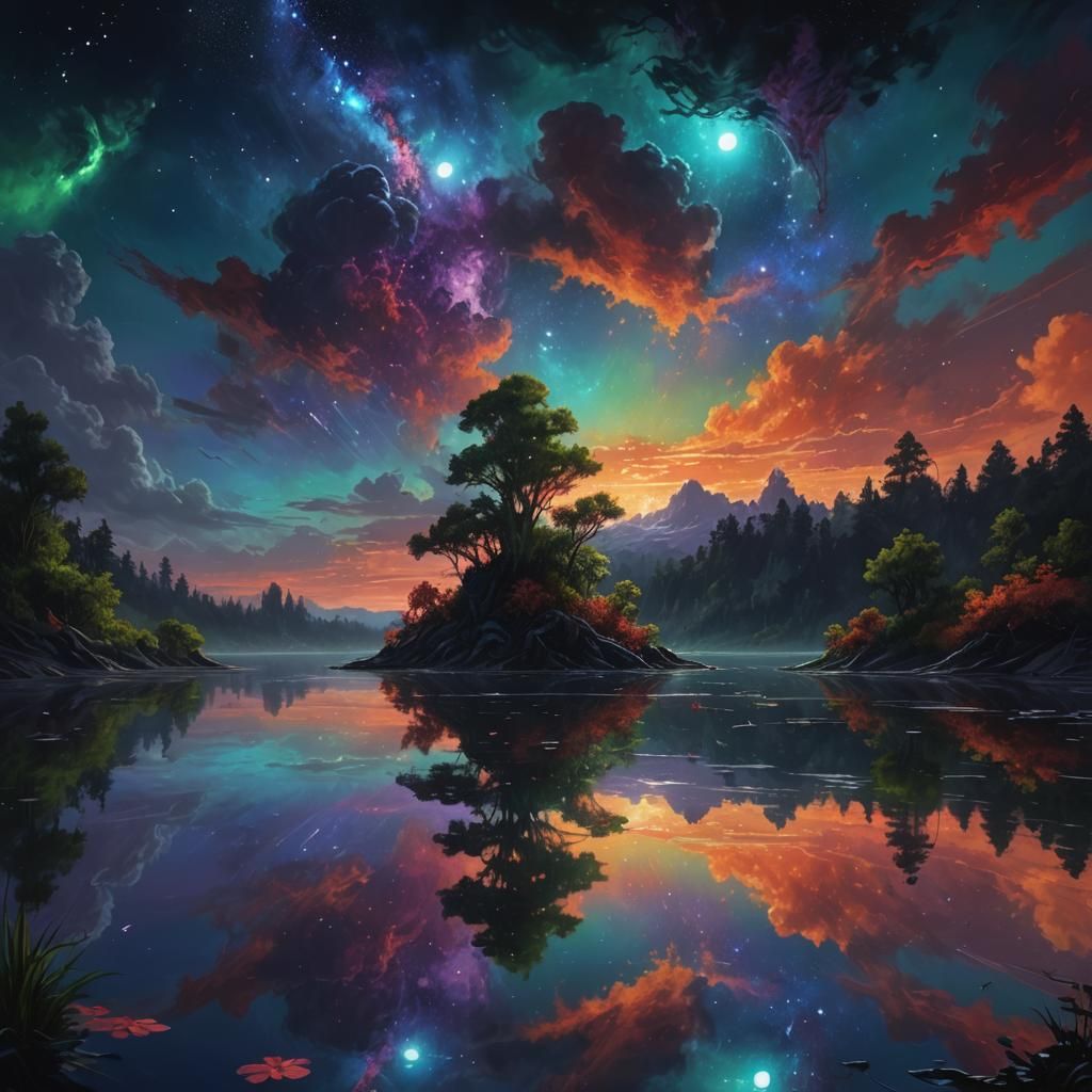 Night Lake Reflections: Hyperrealistic Galaxy Splash Art
