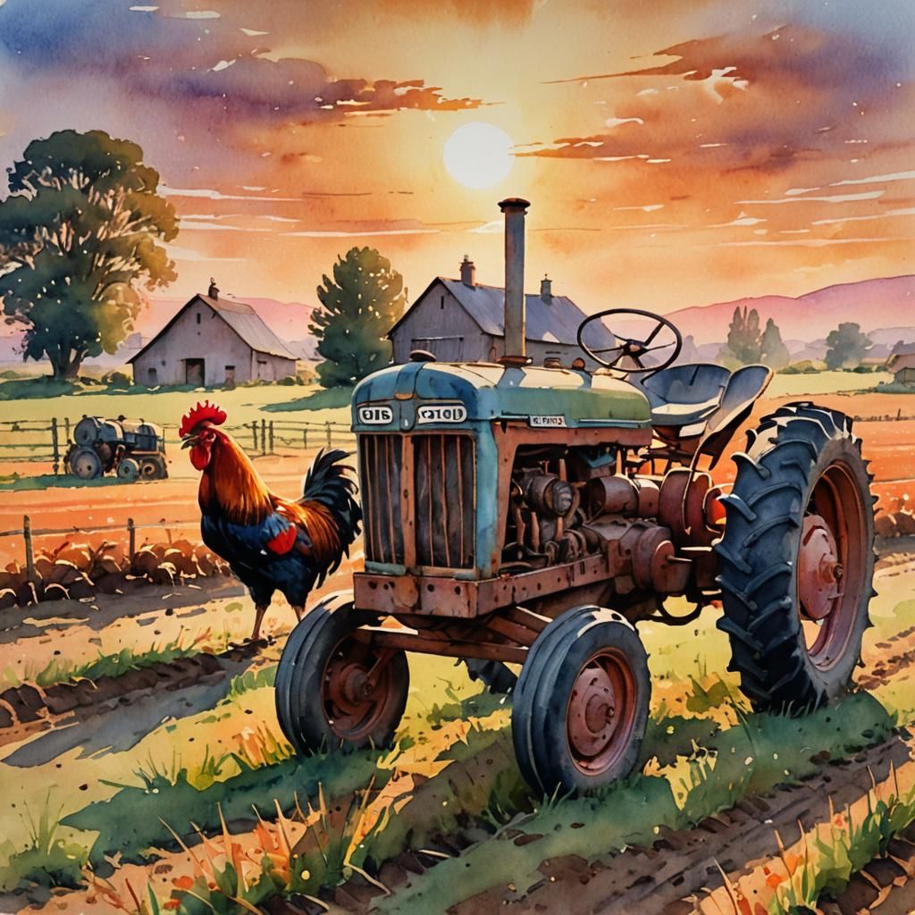 Watercolor Tractor and Rooster at Sunset