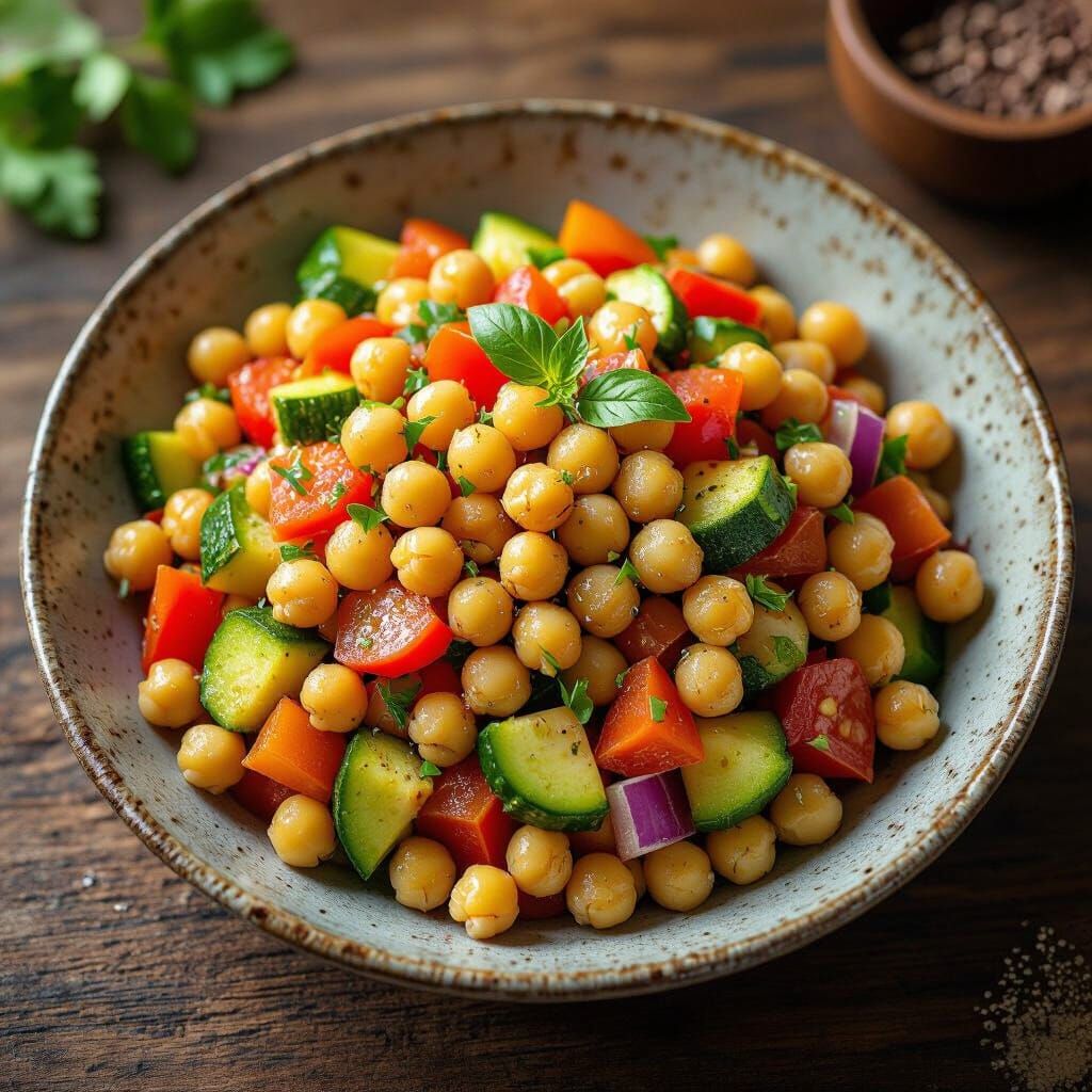 Hyperrealistic Chickpea Veggie Salad on Rustic Table