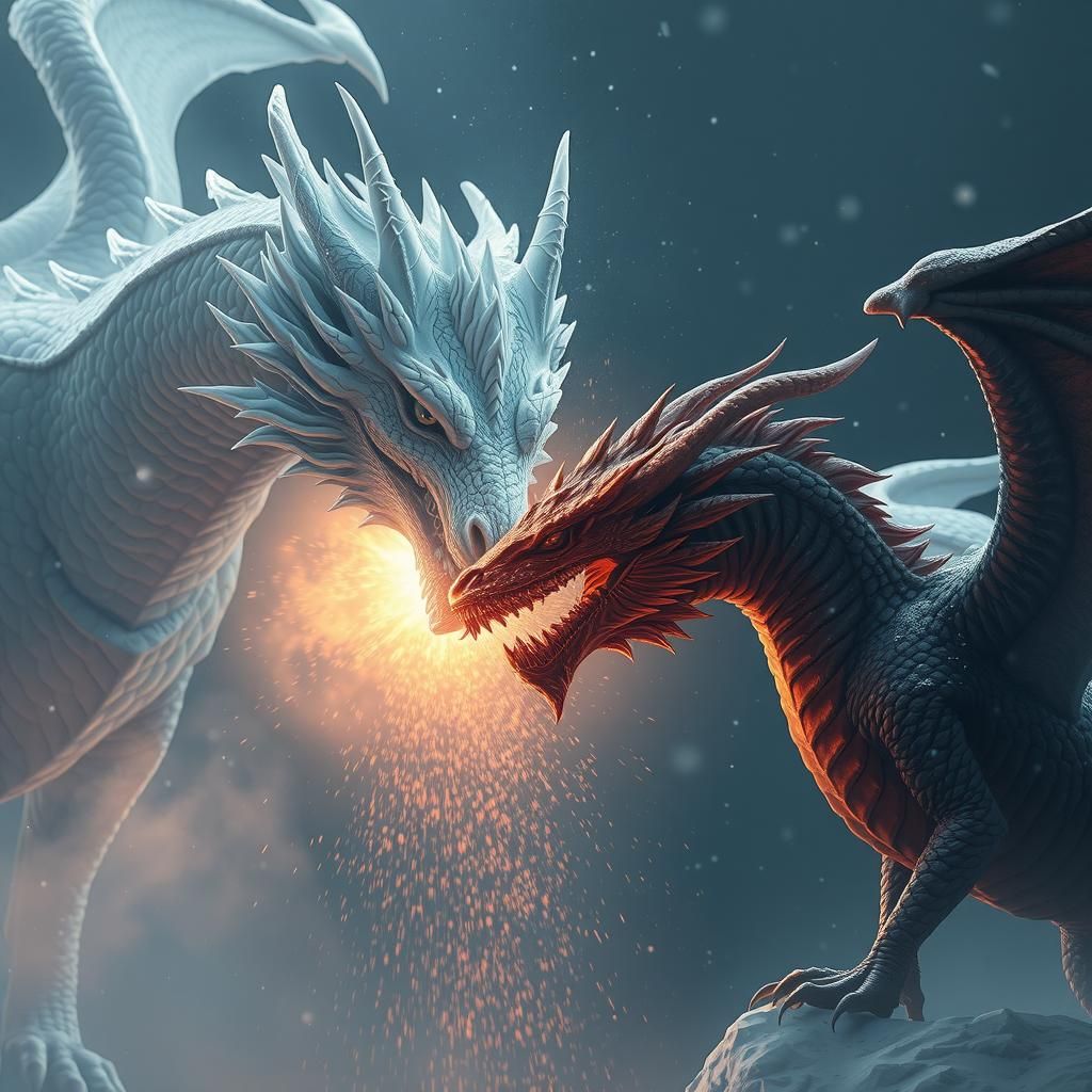 Epic Dragon Battle: Ice vs. Fire in Hyperrealism