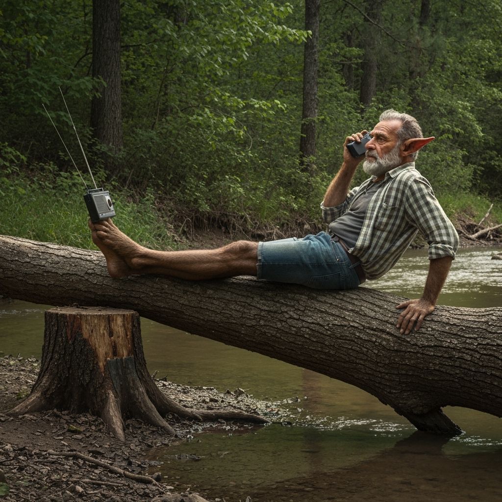 Faun Lounging by Creek in 1960s Arkansas, Listening to Radio