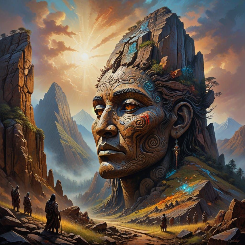 Colossal Ancient Face Carved in Mountain, Impasto Style