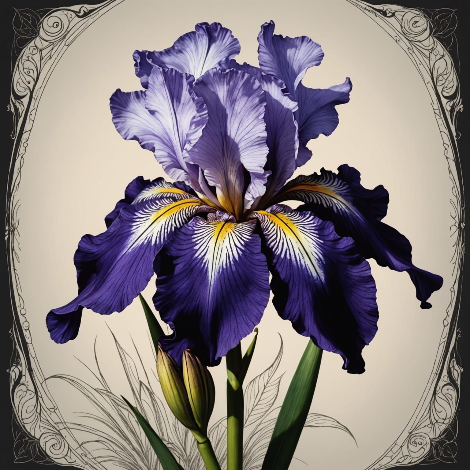 Ink-Drawn Iris Flower in Matte Painting Style