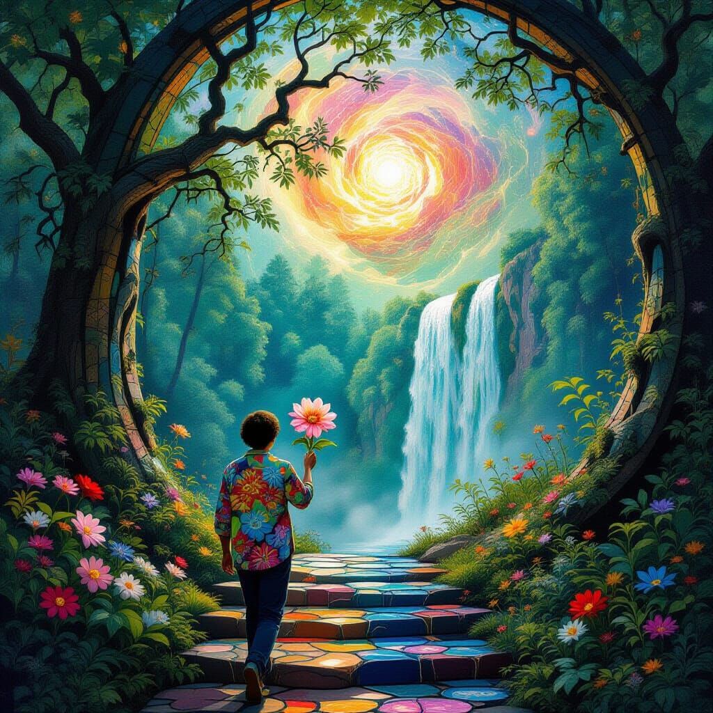 Surreal Forest Glade with Floral Figure, Bio-Art Style