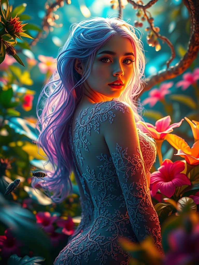 Hyperrealistic Woman Made of Micro Algae in Lush, Vibrant En...