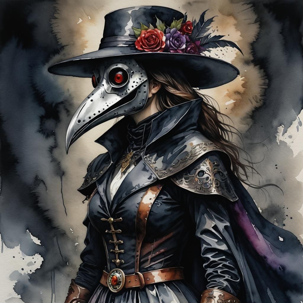 Sinister Plague Doctor Woman in Watercolor