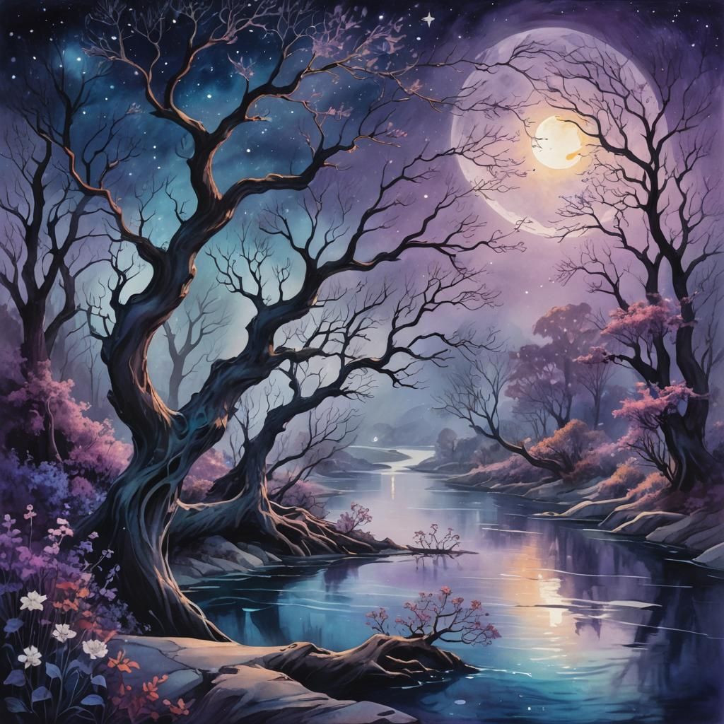 Ethereal Fantasy River Under Moonlight, Digital Painting