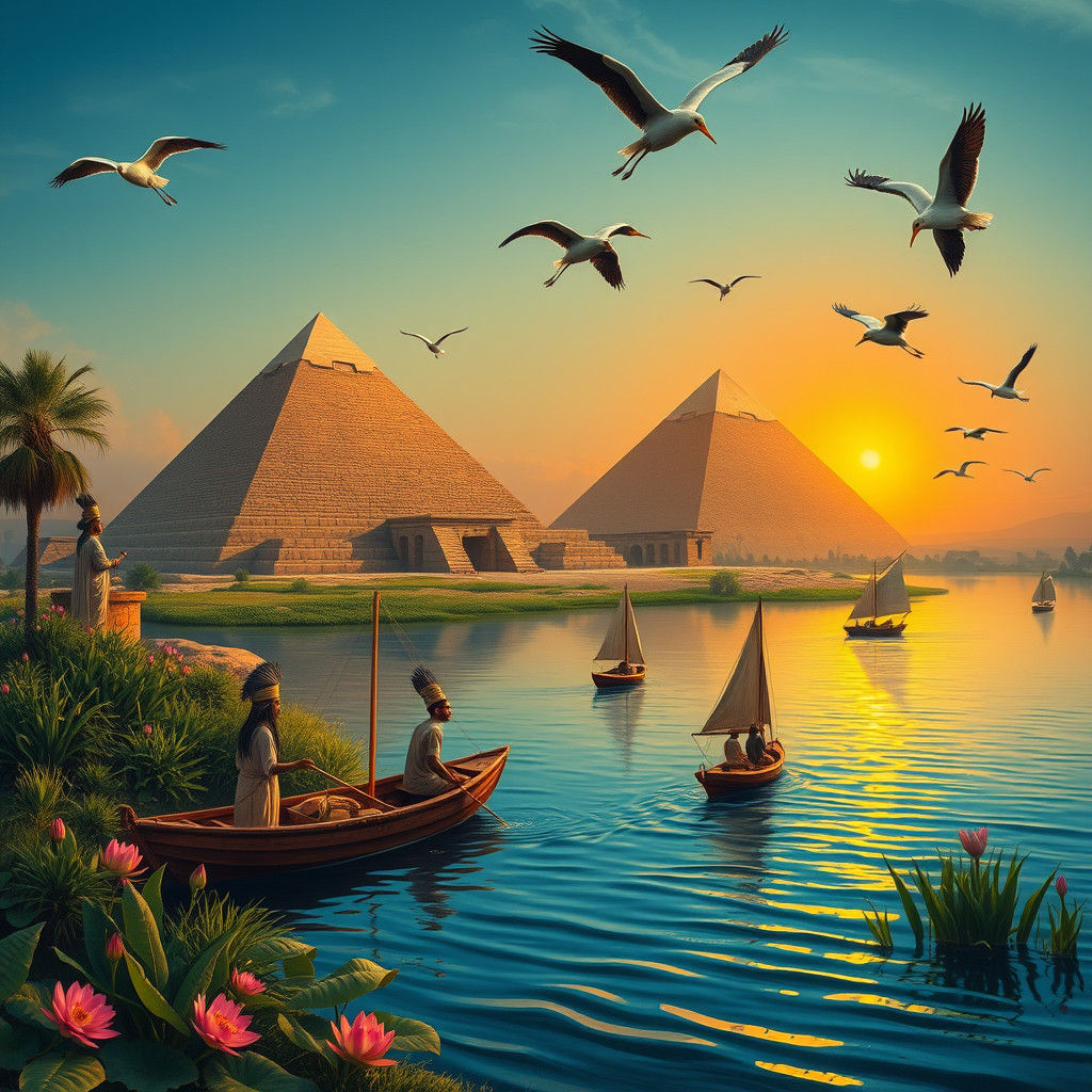 Egyptian Gods Oversee Pyramid Construction, Dreamy Landscape