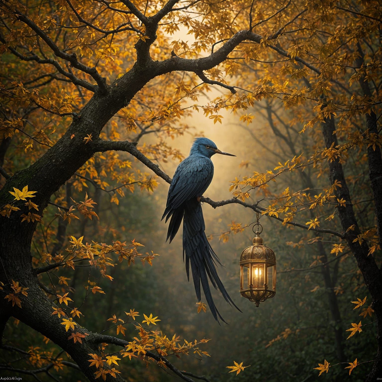 Bird of Paradise in Golden Cage on Autumn Maple Branch