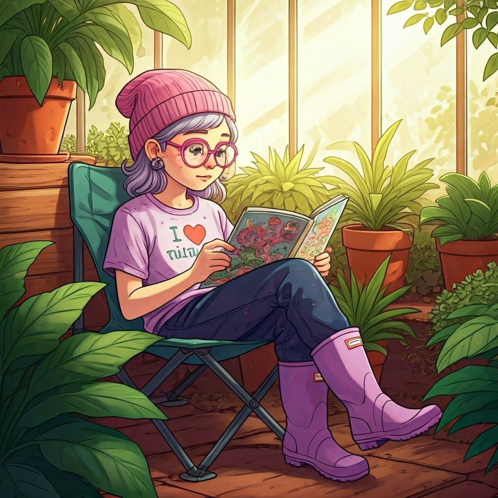 Relaxed Girl Reads Comic Book in her Colorful Greenhouse