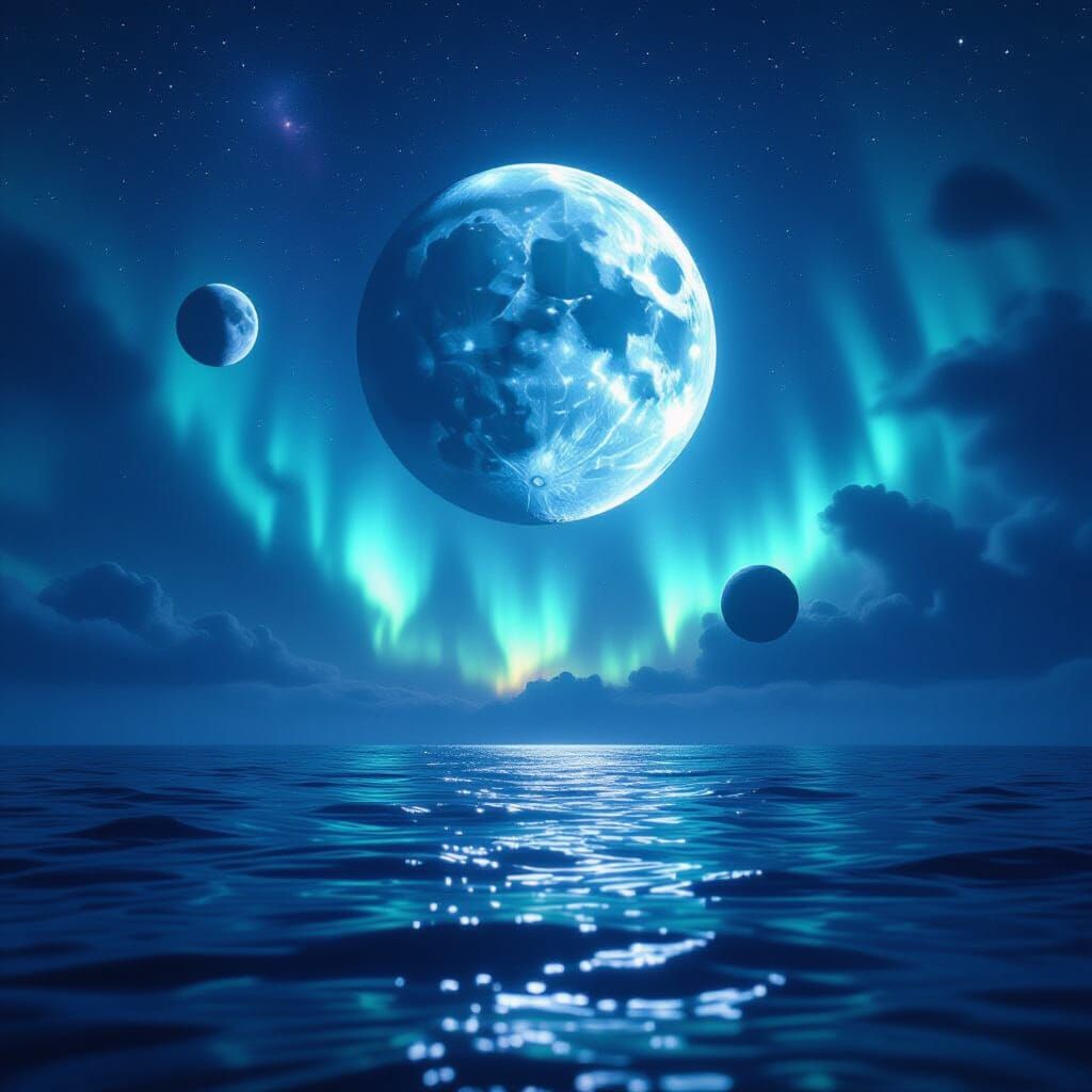 Alien Moons Above Ethereal Ocean Under Starry Sky