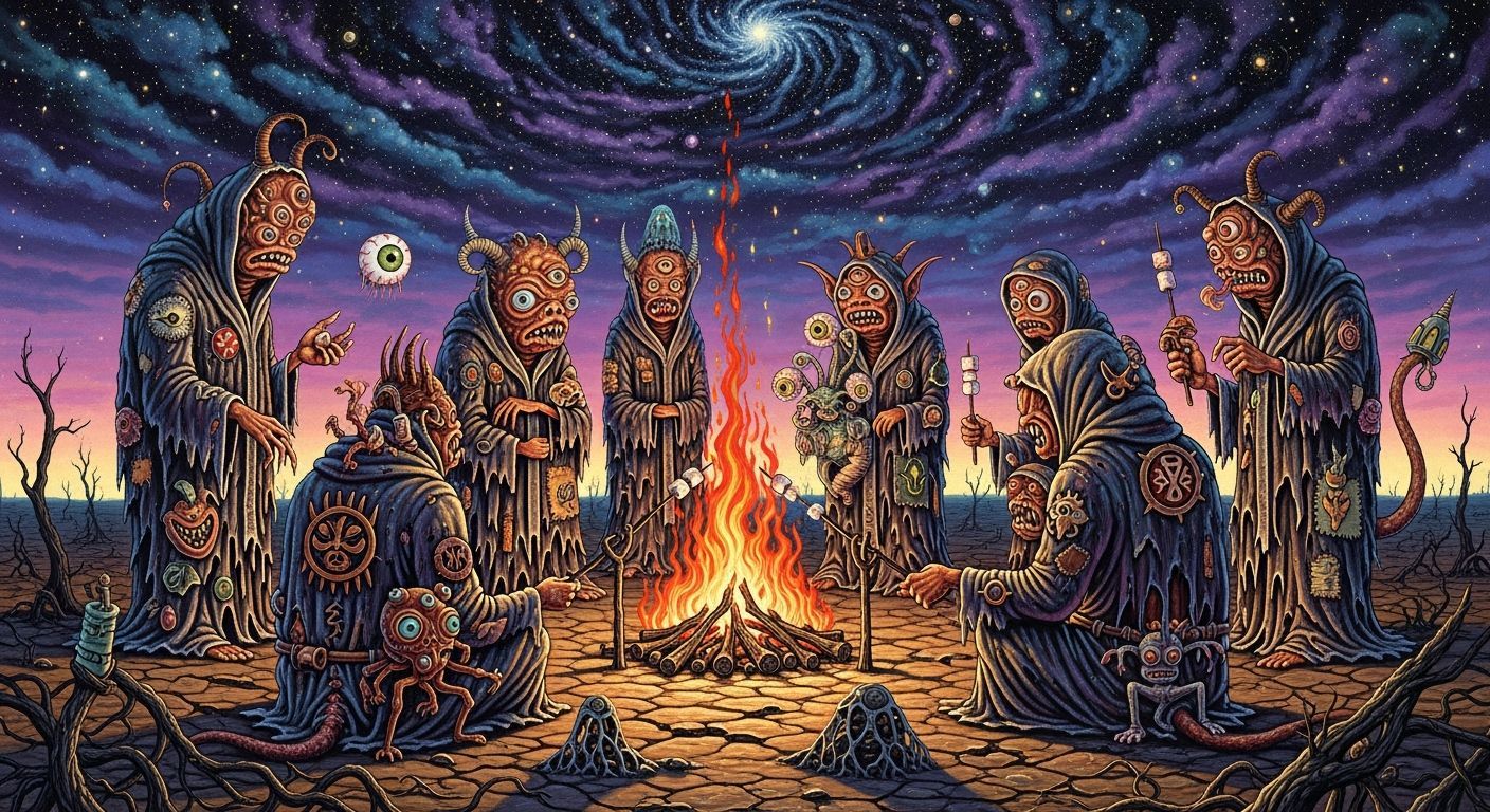 Mutants Gather Around Bonfire in Lowbrow Art Style