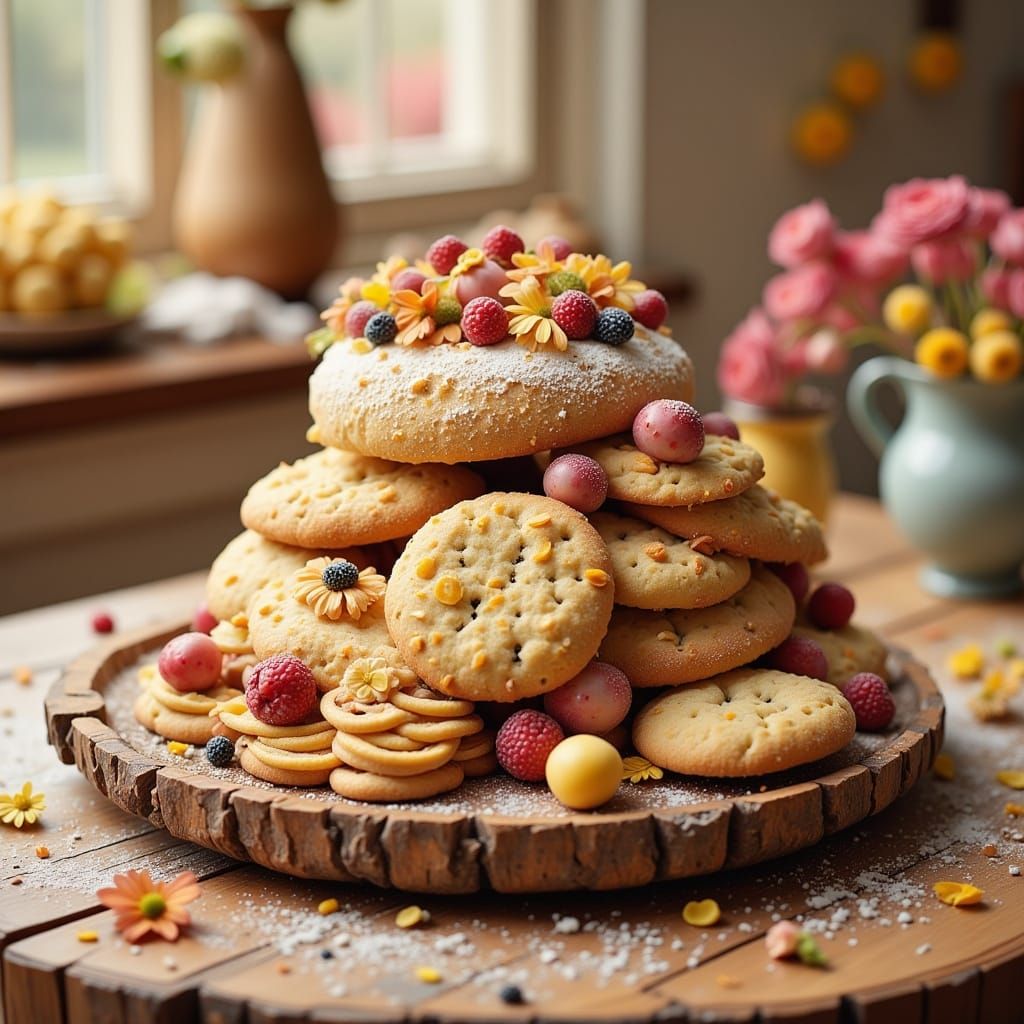 Whimsical Cake and Cookies on Wooden Tray