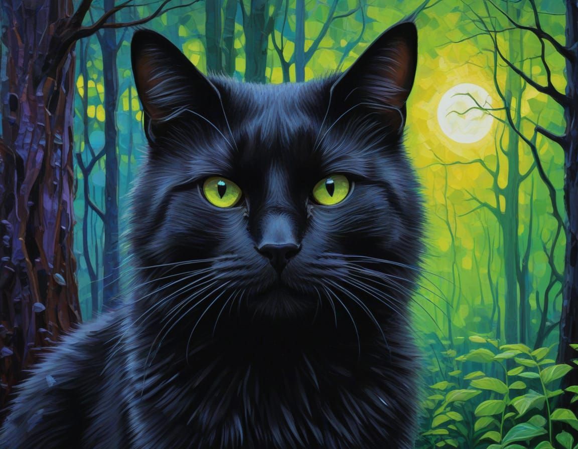 Regal Black Cat in a Moonlit Neo-Impressionist Forest