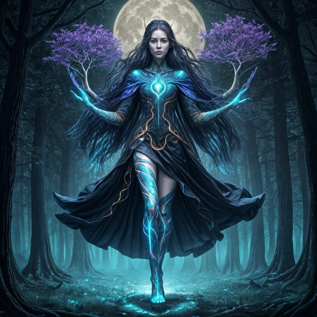 Woman Transforms to Tree in Moonlit Forest