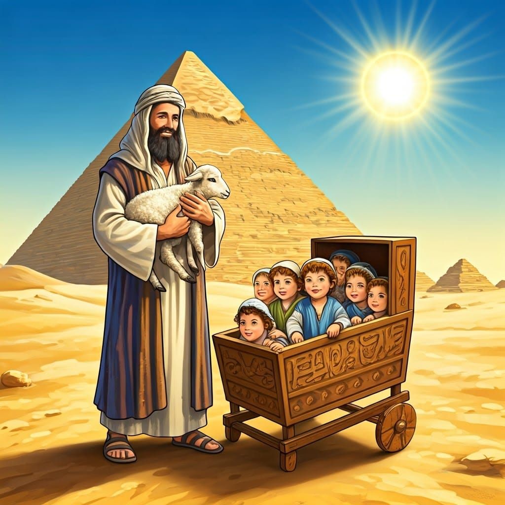 Jew in Biblical Attire Beside Egyptian Pyramid with Lamb and...