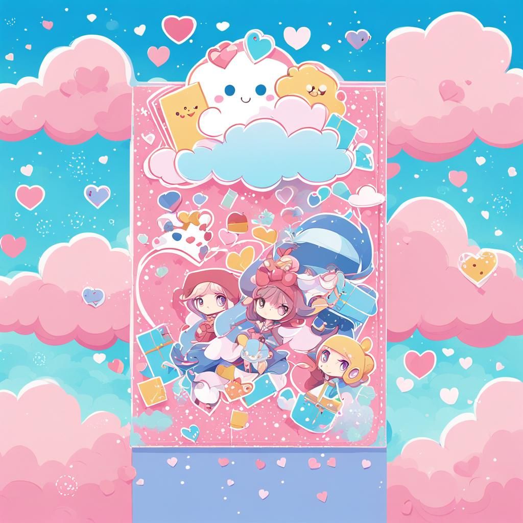 Gift Box with Cartoon Characters in Anime Style