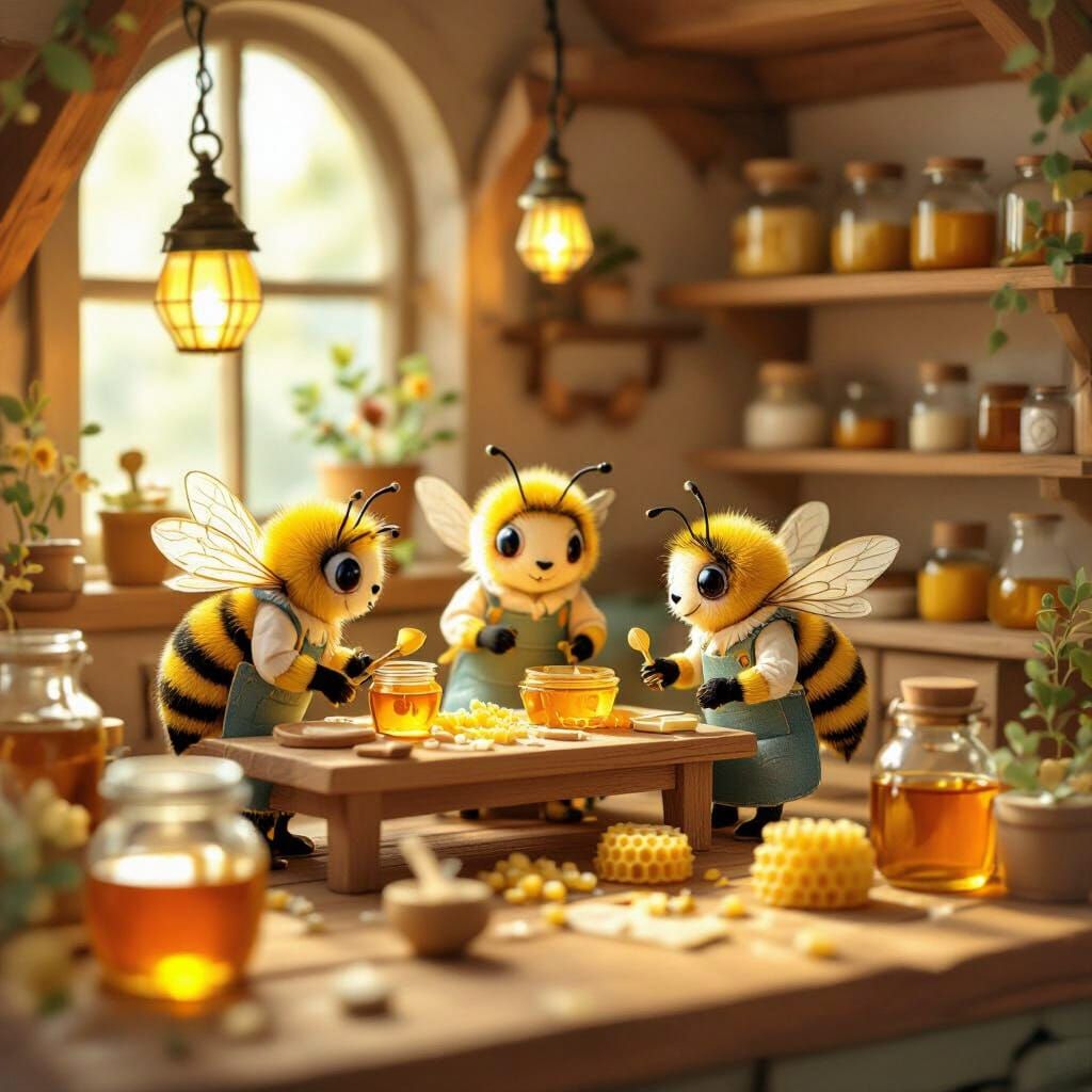 Miniature Bees Crafting Honey in Cozy Workshop