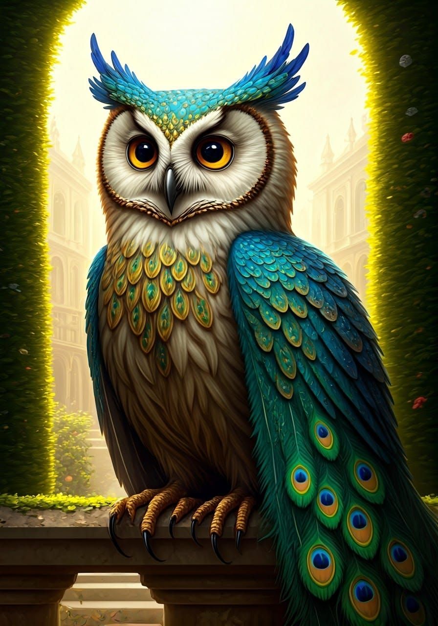 Hybrid Owl-Peacock Creature in Royal Garden