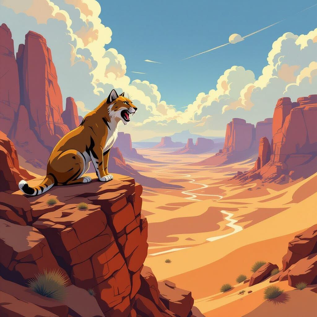 Saber-Toothed Cat Surveys Arid Desert, Art Nouveau Style