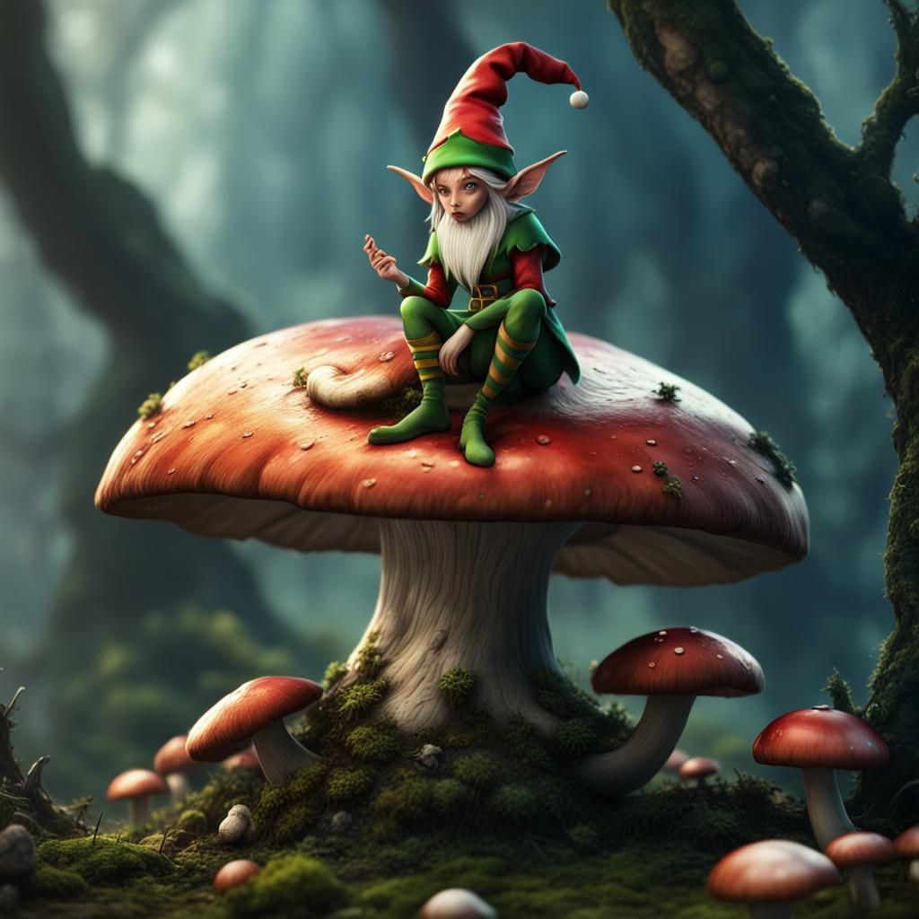 Fantasy Elf on Mushroom, Detailed Matte Painting