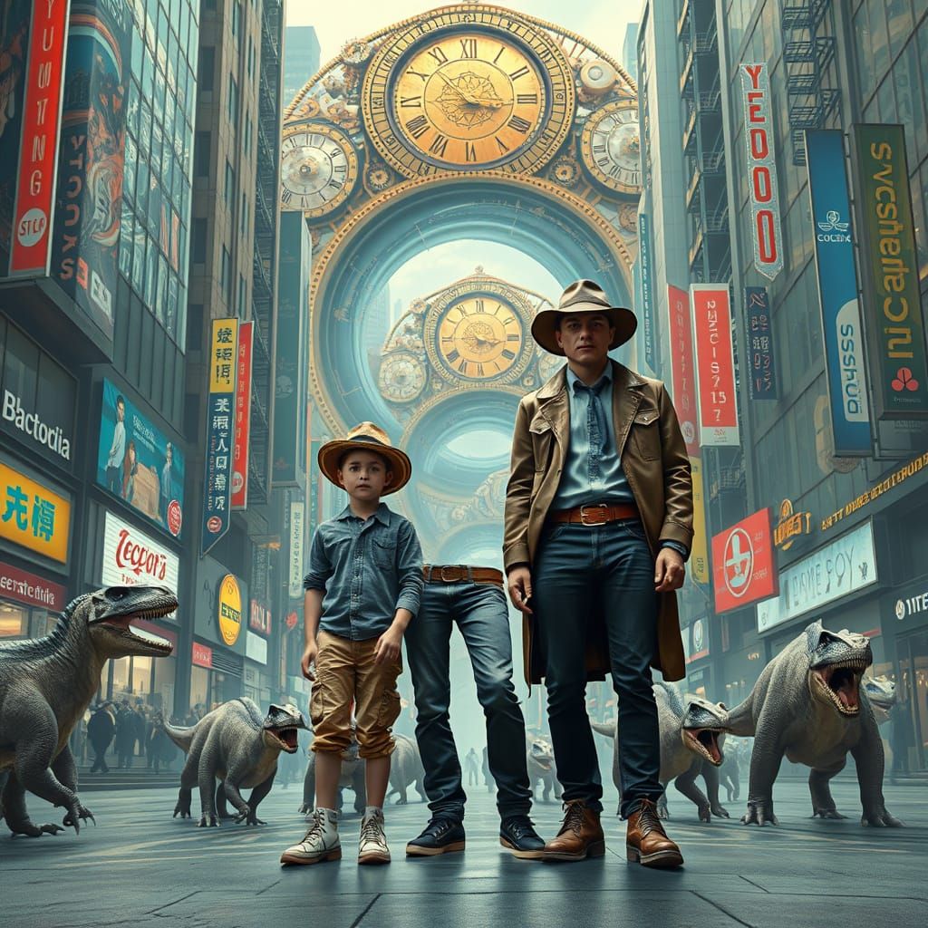 Person Meets Younger Self in Dinosaur-Filled City