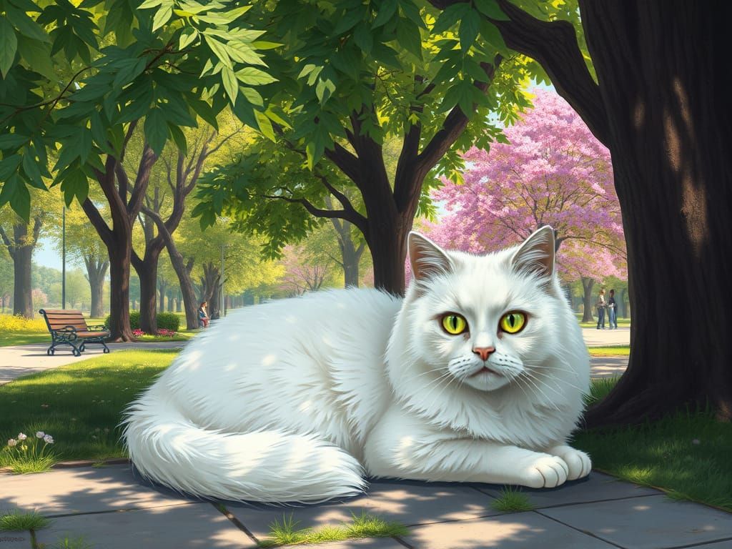 White Persian Cat in Park: Realistic Painting