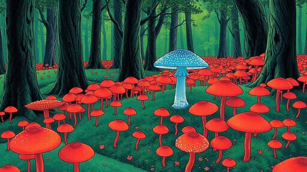 Blue Mushroom Among Red Fungi, Dreamlike Art Nouveau Style
