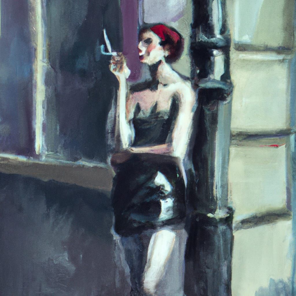 Woman on Street Corner Smoking, Realistic Painting