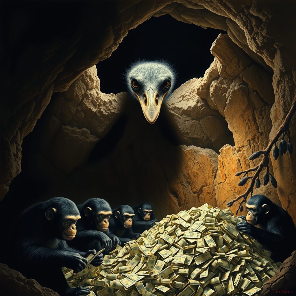 Surreal Ostrich Head and Chimpazeess Sorting Money in Cavern