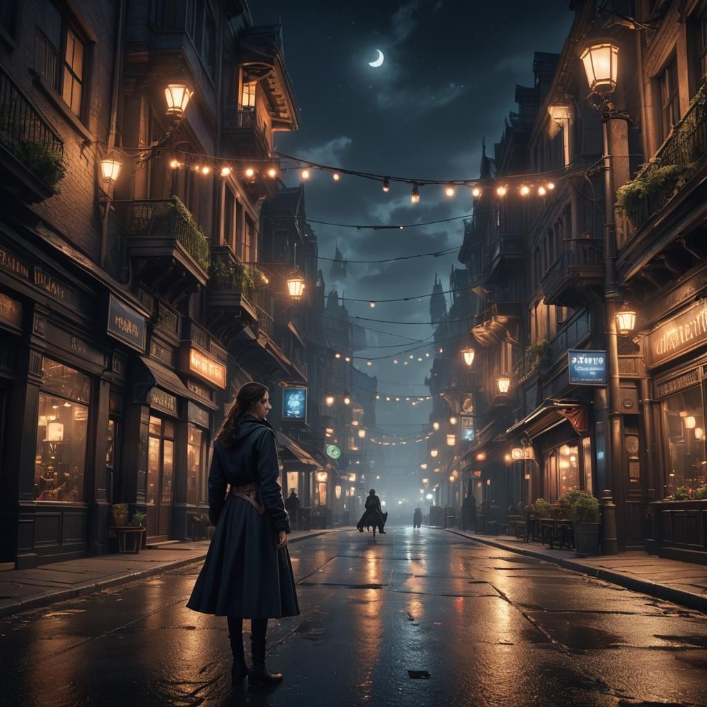 Solitary Girl in a Fantastical Night Street