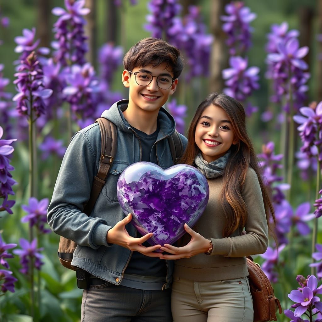 Couple Holding Amethyst Heart in Lush Forest