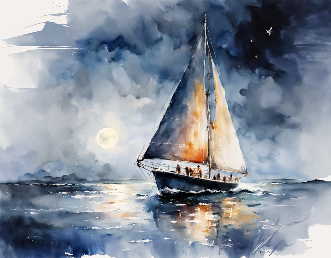 Dreamy Sailboat on Moonlit Ocean: Watercolor Painting