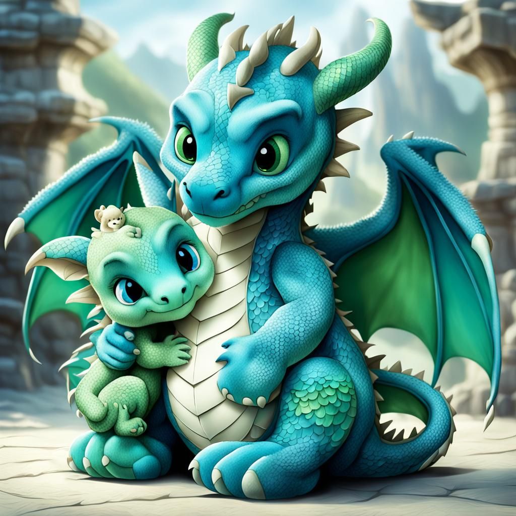 Cartoon Dragon Cuddling Teddy Bear