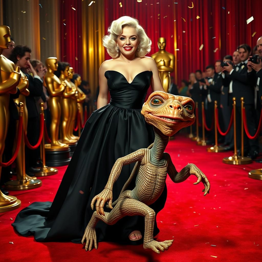A photo of Marilyn Monroe on her way to the Oscars, with E.T...