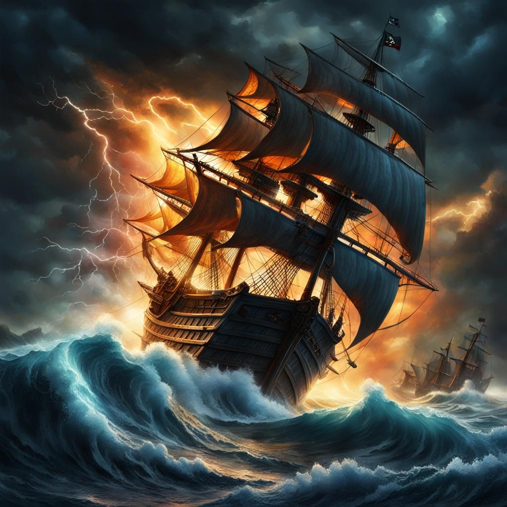 Pirate Ship Battles Storm in Digital Matte Painting