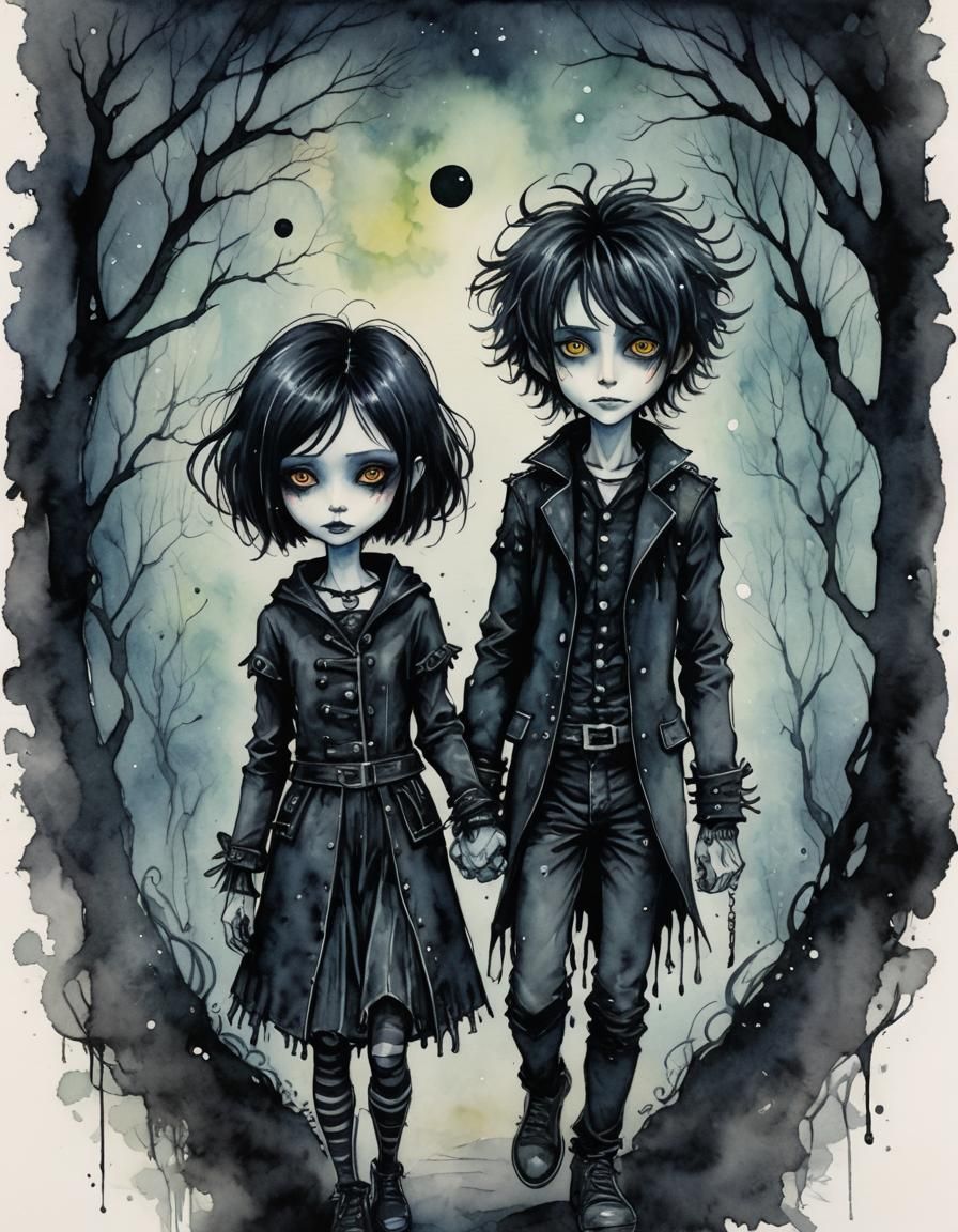 Gothic Sibling Protection in Dark Fantasy Watercolor