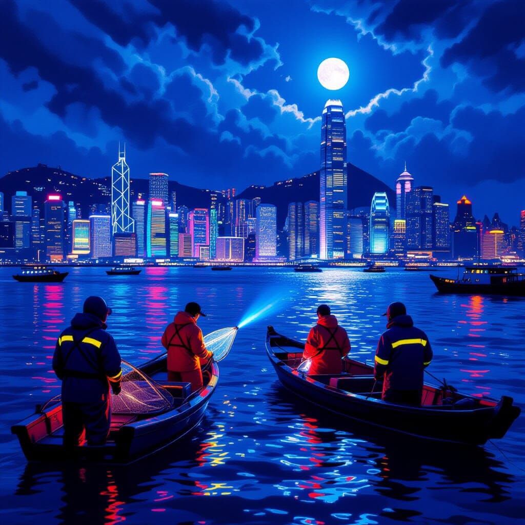 Neon Harbor at Dusk: Fishermen Blend Classic Art Styles