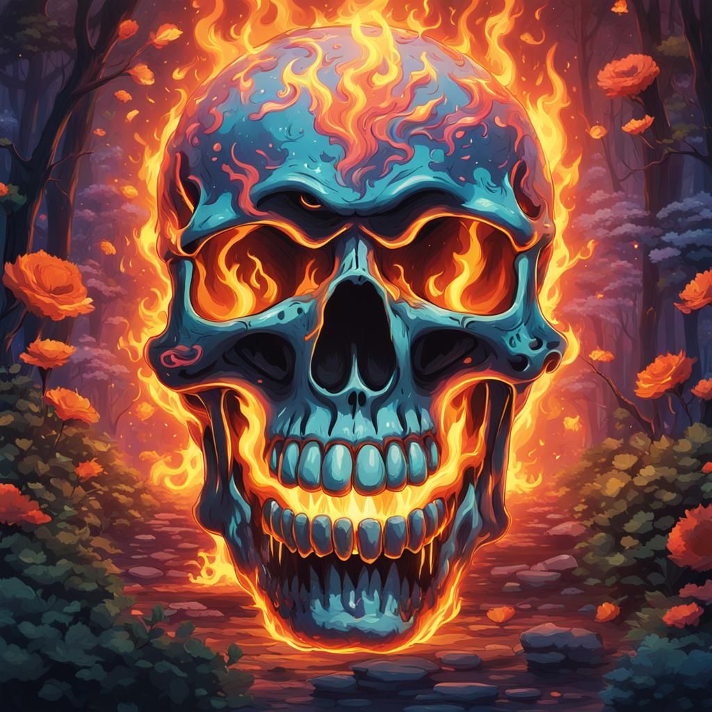 Colorful Flaming Skull in Studio Ghibli Anime Style